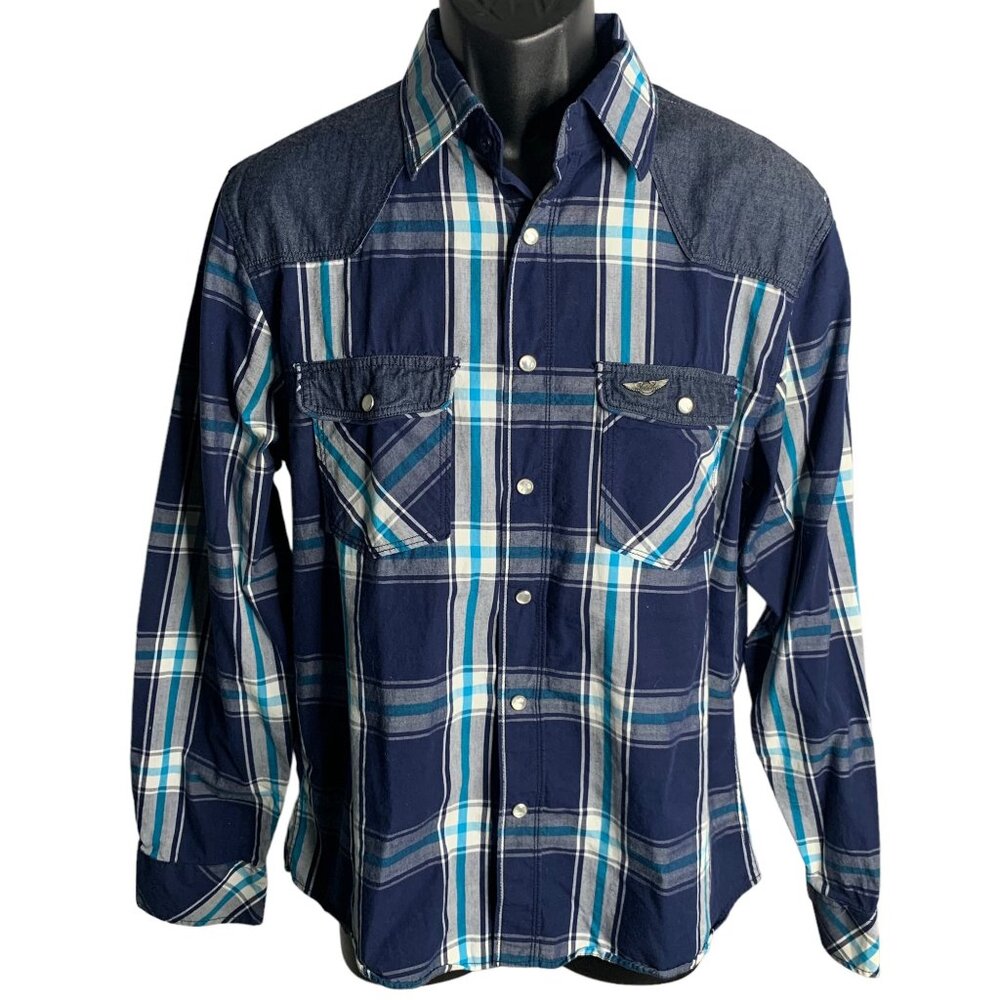Western Pearl Snap Long Sleeve Shirt XL Blue Plaid Pockets One Point Chambray